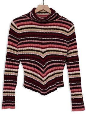 Vintage Y2K Taunt Women's Large Preppy Pink Striped Fitted Turtleneck Sweater